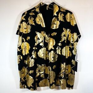 NWT Rachel Roy Black Gold Foil Metallic Floral V Neck Blouse short size size 2X